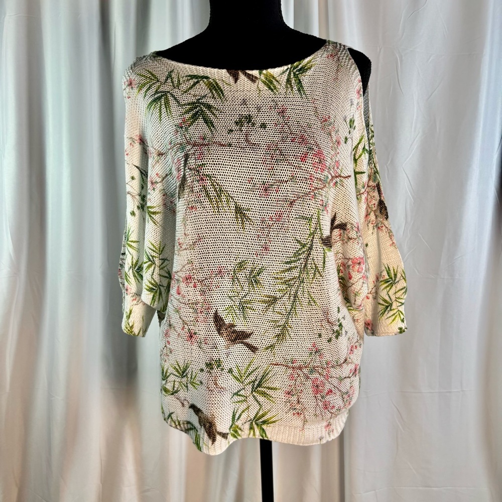 Collezioni Leonardo Floral Bird Cold Shoulder Knit Sweater Made in Italy